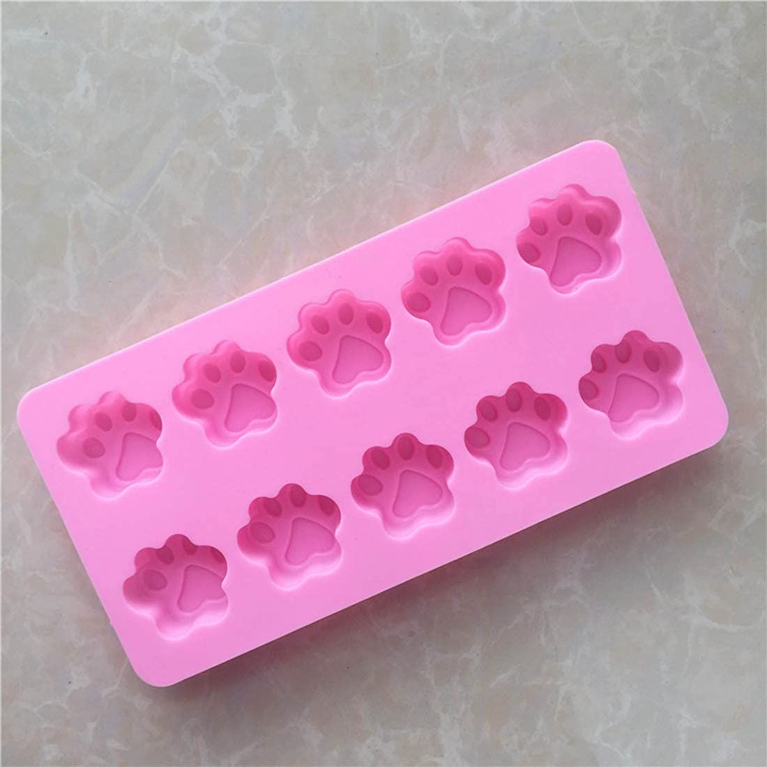 Pink silicone ice tray with mini dog and cat paw prints, suitable for cupcakes, muffins, chocolates, soap, or candles.