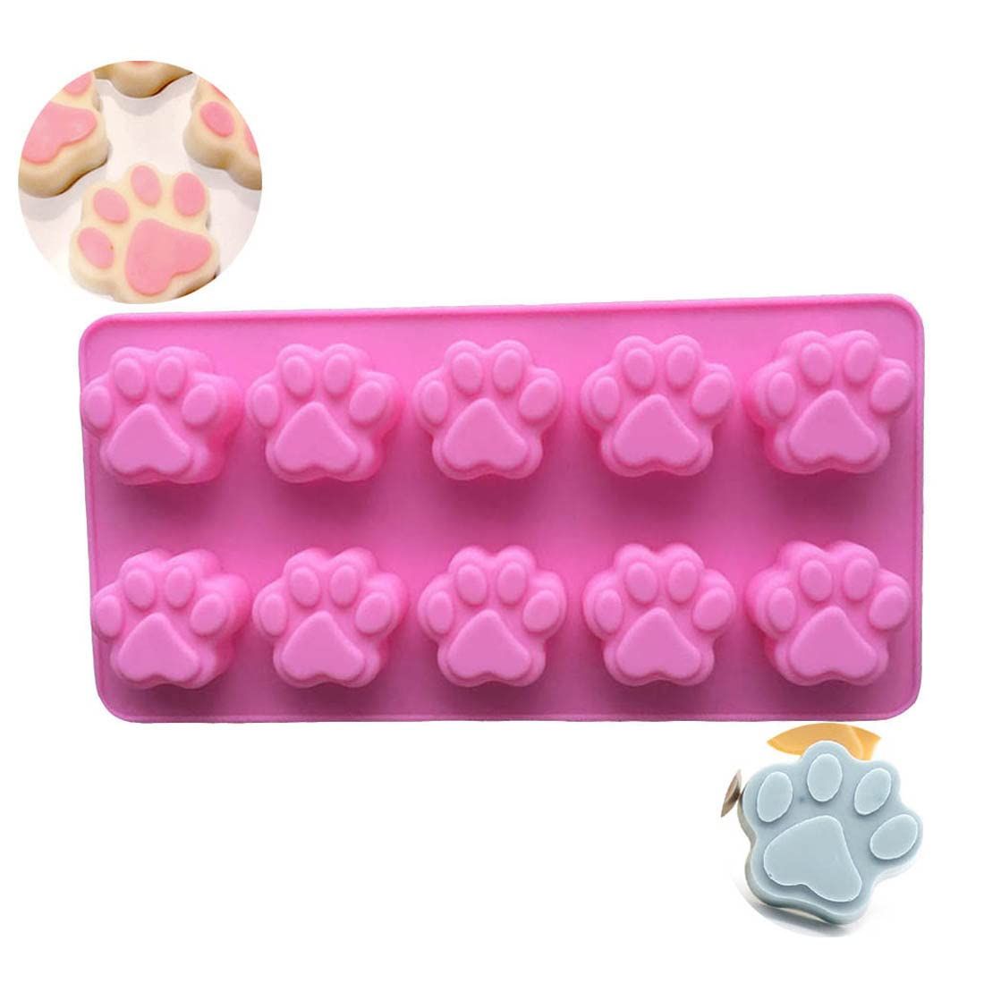 Pink silicone ice tray with dog and cat paw prints, perfect for baking, chocolates, and crafts, ideal for baby and kids' feeding.