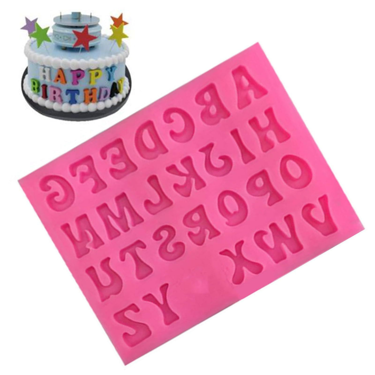 Silicone alphabet and number mold for baking and cake decorating, featuring 26 letter and number shapes for fondant and chocolate.