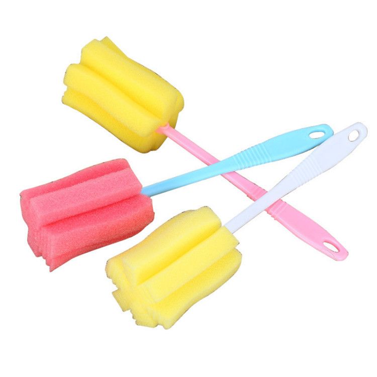 Three cleaning brushes for baby bottles and thermoses, with sponge tips, in various colors, suitable for baby and kids feeding bottles.
