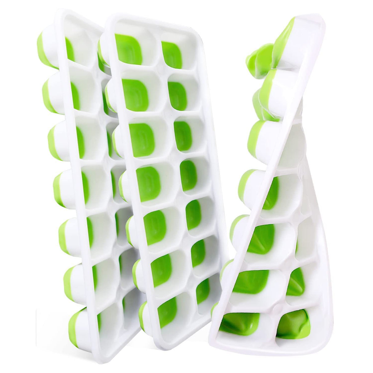 Green reusable silicone ice cube molds with spill-resistant lid, ideal for whiskey and cocktails, designed for versatile use.
