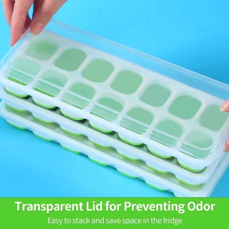 Green reusable silicone ice cube molds with spill-resistant lid, ideal for whiskey and cocktails, designed for versatile use.