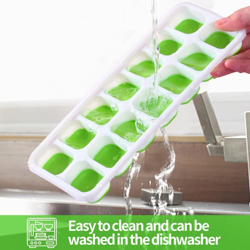 Green reusable silicone 14-ice cube molds with spill-resistant lid, ideal for whiskey and cocktails, by Everything Baby.