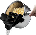 Clip-on silicone grip strainer for cooking, ideal for pasta, vegetables, and ground beef, designed by Everything Baby.