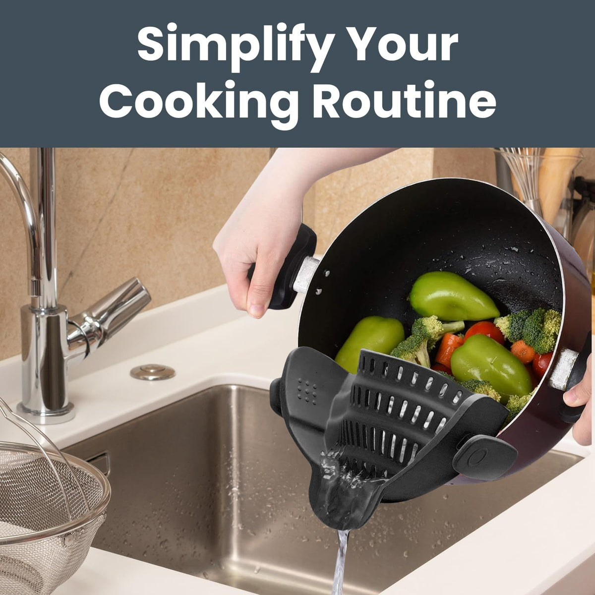 Clip-on cooking strainer with silicone grip, ideal for pasta, vegetables, and ground beef, by Everything Baby.