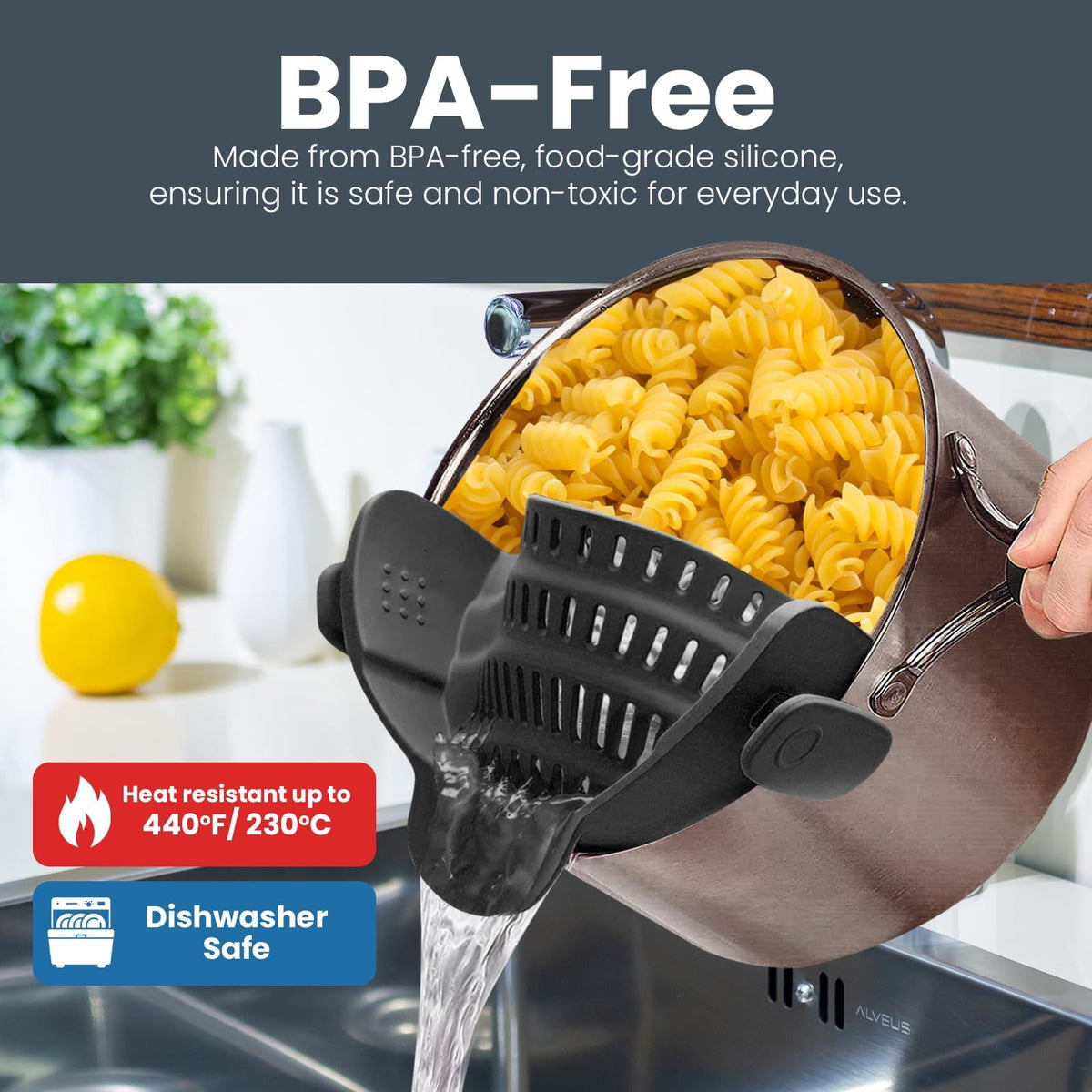 Clip-on silicone grip cooking strainer for pasta, vegetables, meat, and more, designed for easy use in baby and kids feeding.