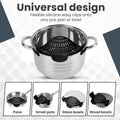 Clip-on strainer with silicone grip for cooking pasta, vegetables, and more, designed for easy use with pots and pans.