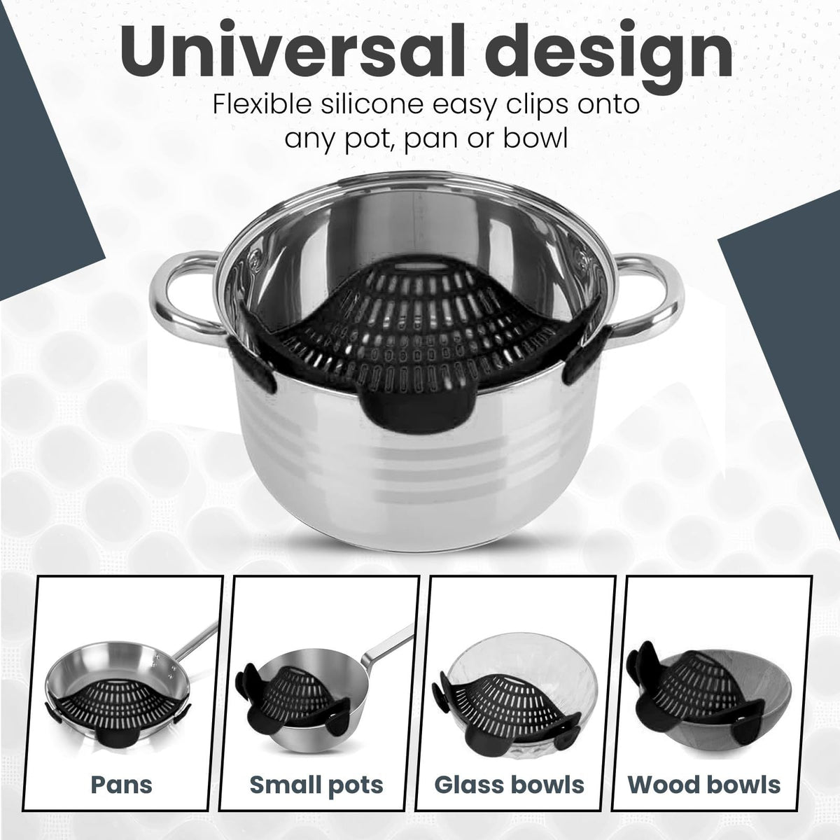 Clip-on strainer with silicone grip for cooking pasta, vegetables, and more, designed for easy use with pots and pans.