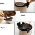 Clip-on cooking strainer with silicone grip, ideal for pasta, vegetables, and meat, shown in use on a pot.