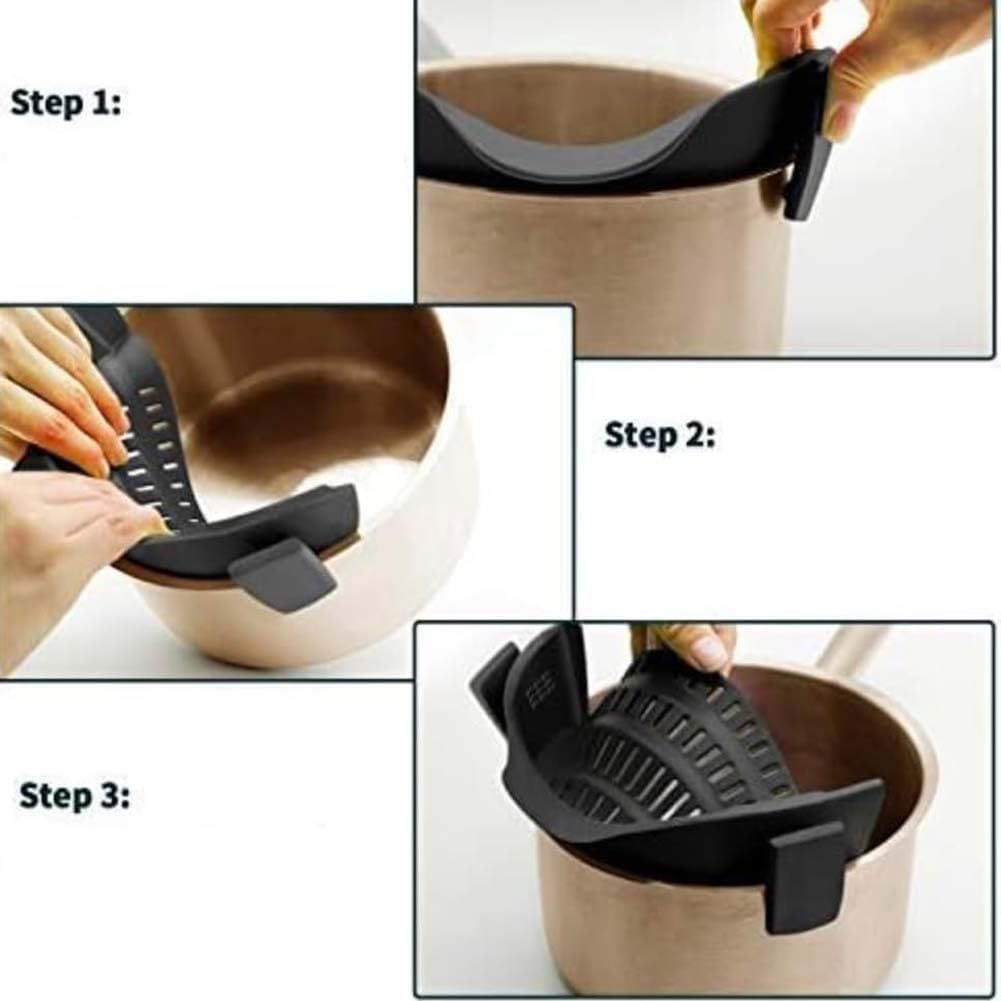 Clip-on cooking strainer with silicone grip, ideal for pasta, vegetables, and meat, shown in use on a pot.