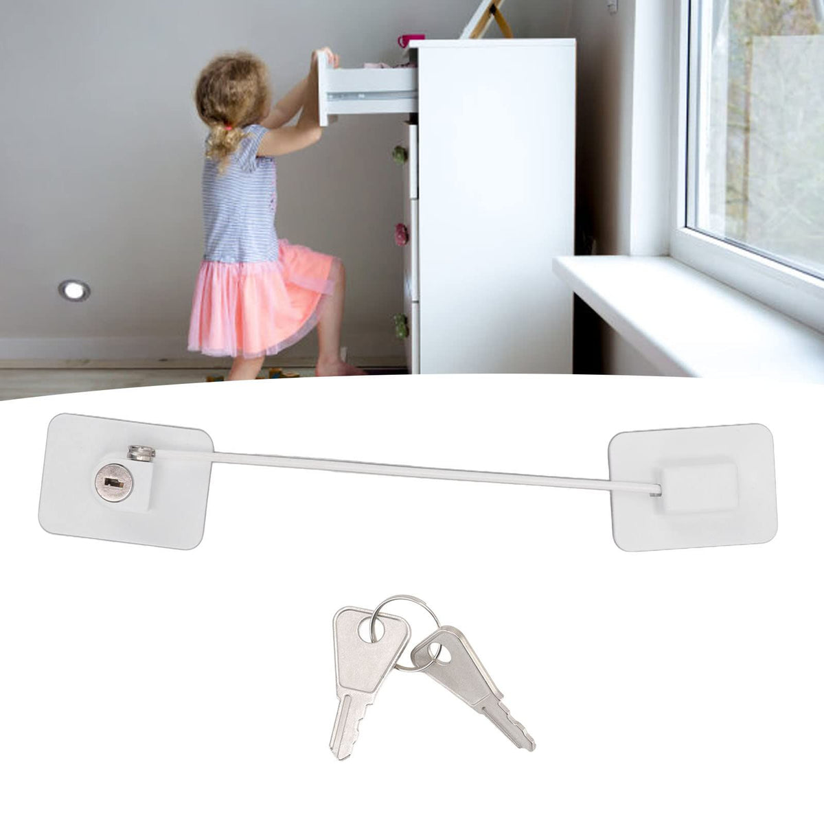 Child safety lock by Everything Baby securing windows, doors, and vents to prevent access and ensure baby safety.