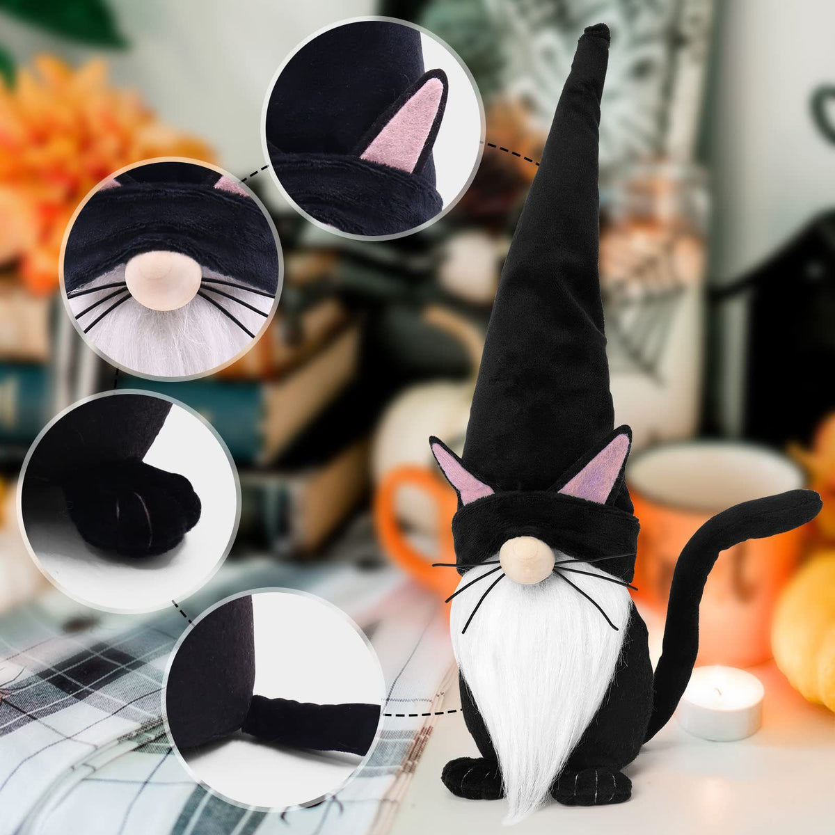 Faceless dwarf and cat Halloween decorations for kids' pretend play, creating spooky party atmosphere, by Everything Baby.