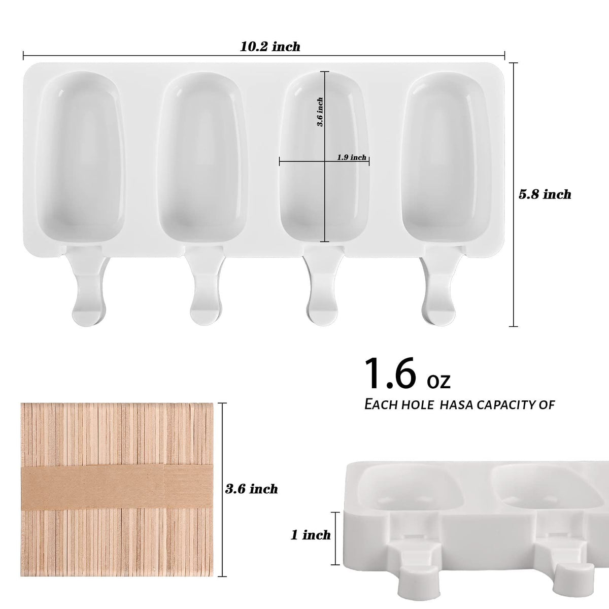 White silicone popsicle molds set with 50 wooden sticks for ice pops, cakesicles, and cake pops, ideal for kids' pretend play.