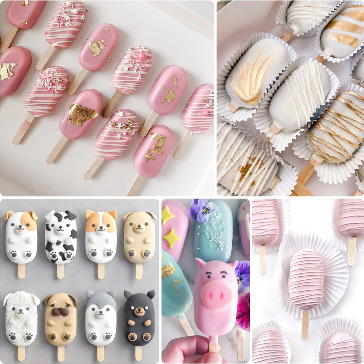 White silicone popsicle molds set with 50 wooden sticks for ice pops, cake pops, and cakesicles, designed for kids' pretend play.