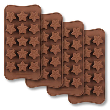 Set of four star-shaped silicone molds for chocolates, candies, jellies, and ice cubes, non-stick and flexible for easy use.