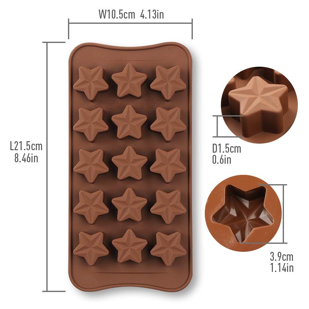 Set of four star-shaped silicone molds for candy, chocolate, jelly, and ice cubes, ideal for kids' snacks and feeding.