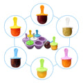 Purple silicone popsicle mold with 7 cavities and colorful sticks for DIY ice pops, suitable for baby food storage and pretend play.