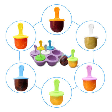Purple silicone popsicle mold with 7 cavities and colorful sticks for DIY ice pops, suitable for baby food storage and pretend play.