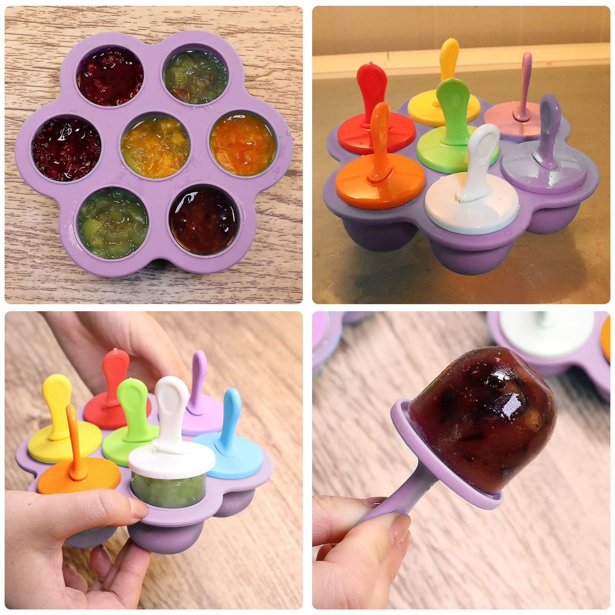 Purple silicone 7-cavity ice pop mold with colorful sticks for making DIY ice pops, ideal for baby food and kids' pretend play.