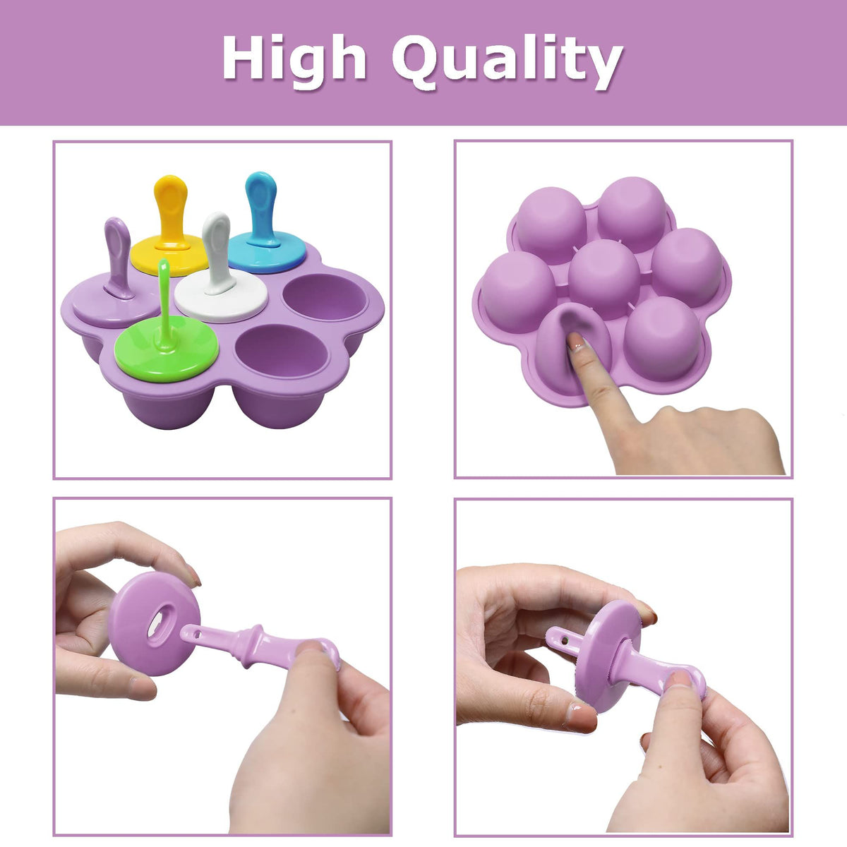 Colorful 7-cavity silicone popsicle mold with purple exterior, ideal for DIY ice pops, baby food, and pretend play for kids.