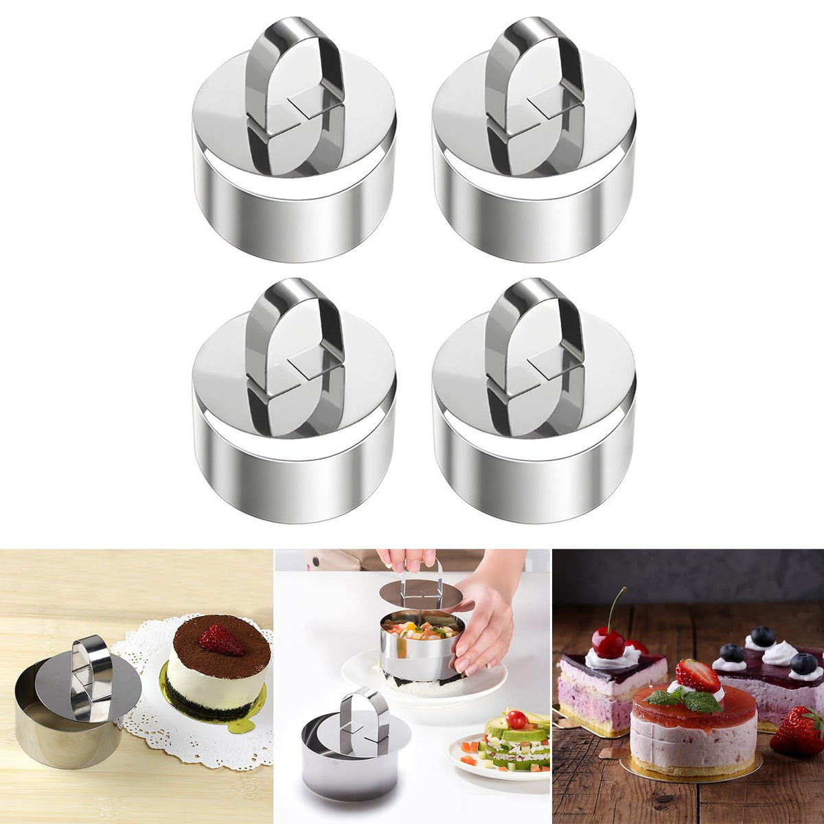 Four round sweet dessert molds with removable lids, versatile baking pans from Everything Baby, designed for baking and dessert shaping.