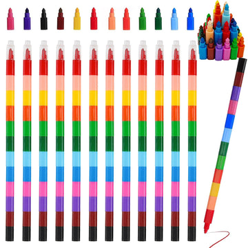 Set of 12 colorful stacking and buildable crayons for kids, featuring rainbow-colored, DIY art and drawing toys by Everything Baby.
