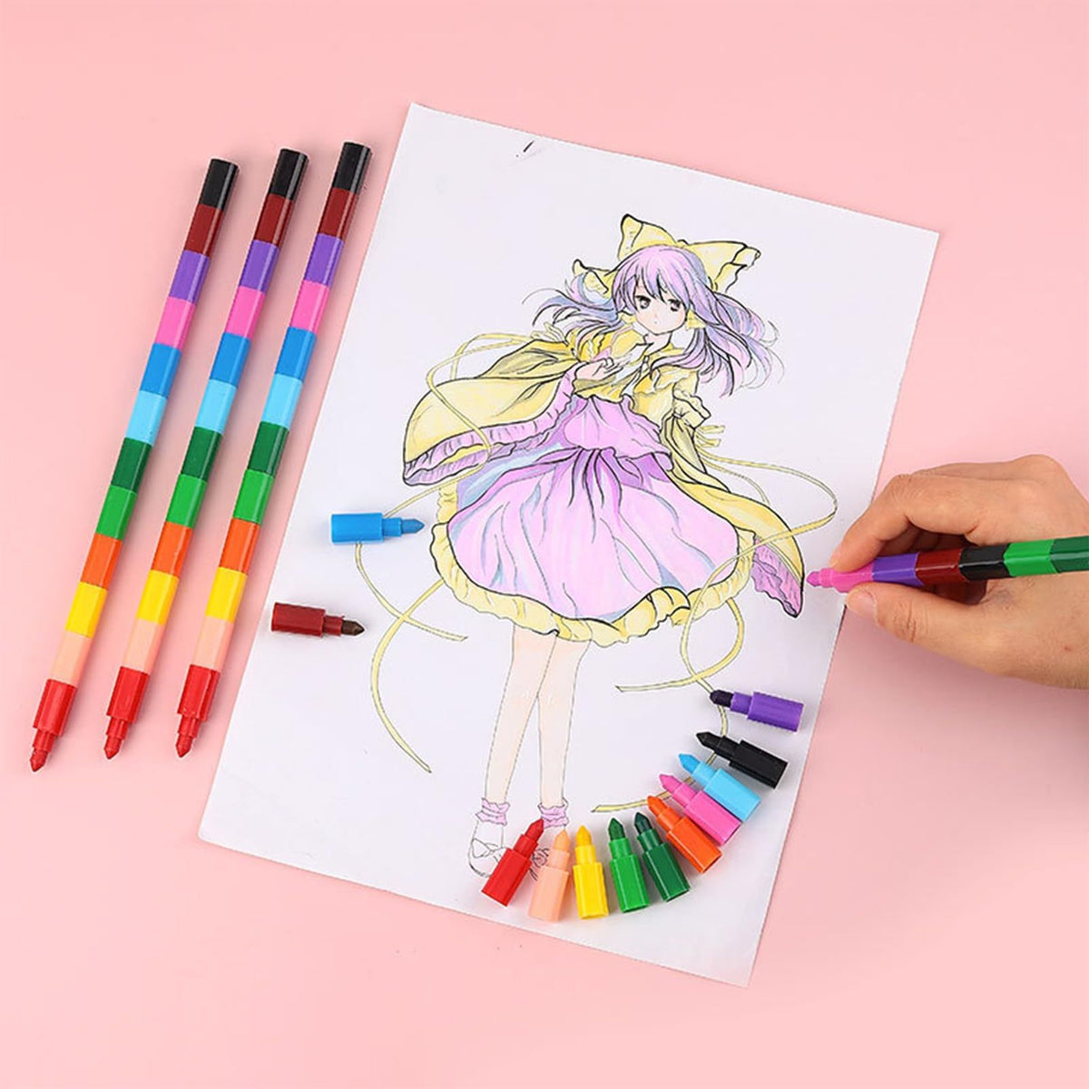 Colorful stacking buildable crayons set for kids, featuring 12 rainbow crayons perfect for art and drawing activities.
