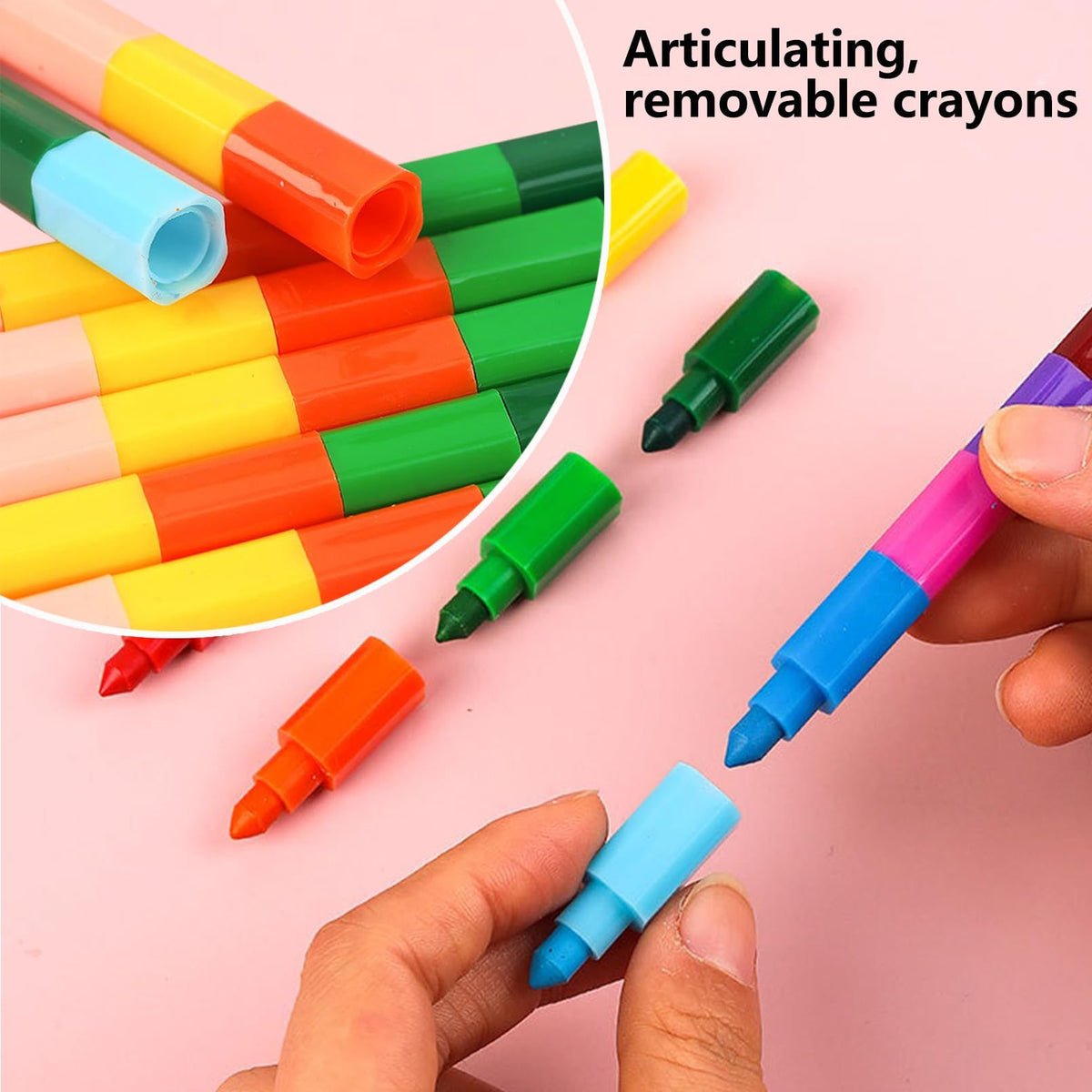 Colorful set of 12 stacking and buildable crayons for kids, featuring rainbow-colored, reusable crayons for art and drawing fun.