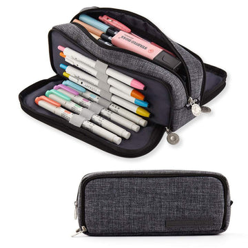 Large canvas pencil case with three compartments, ideal for teens and students to organize pens, pencils, and school supplies.
