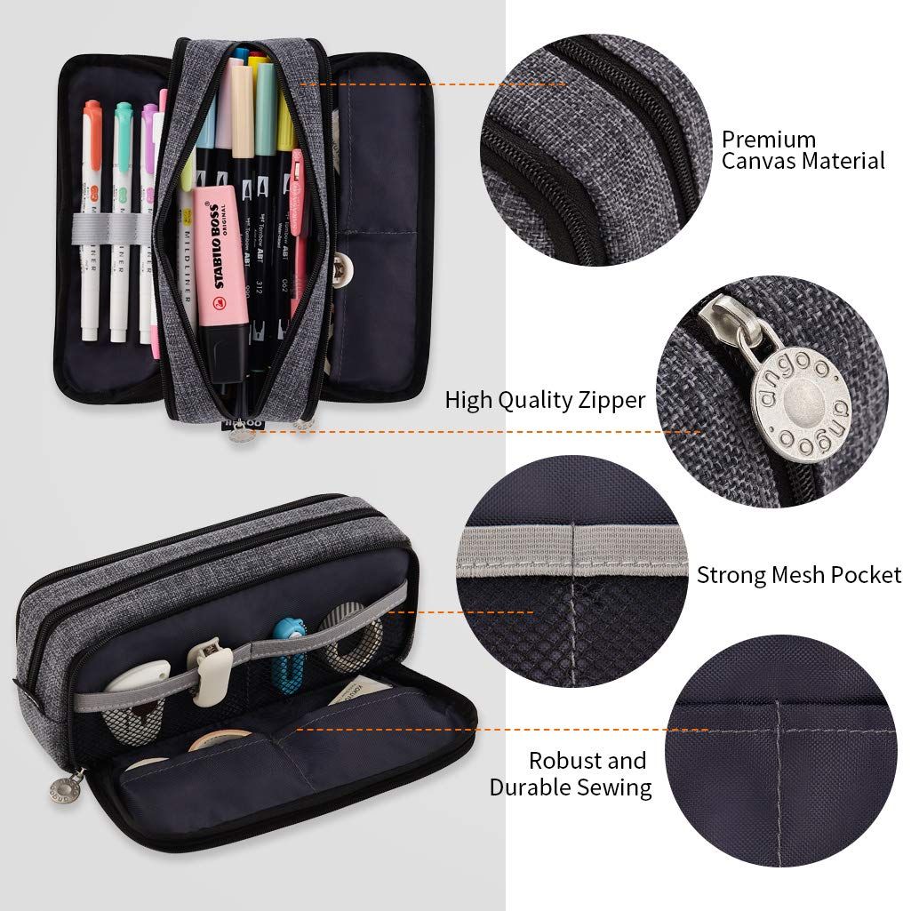 Large canvas pencil case with three compartments, ideal for teens and students to organize pens and pencils.