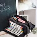 Large canvas pencil case with three compartments, suitable for teens and students, by Everything Baby, designed for school supplies.