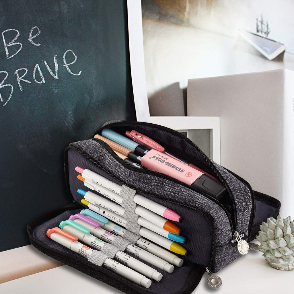 Large canvas pencil case with three compartments, suitable for teens and students, by Everything Baby, designed for school supplies.