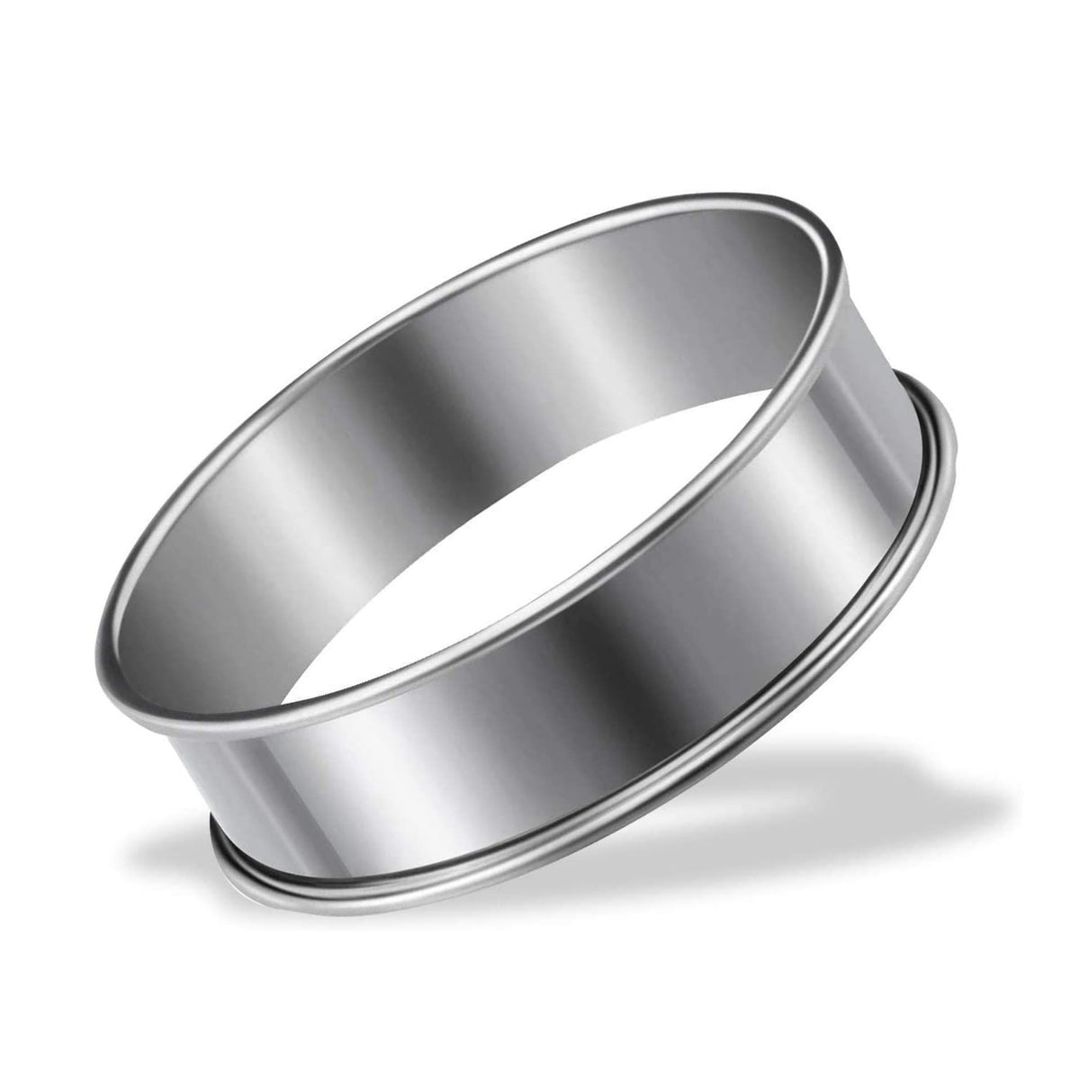 Silver stainless steel crumpet and tart rings for baking, round metal pastry molds, ideal for pretend play and kitchen activities.
