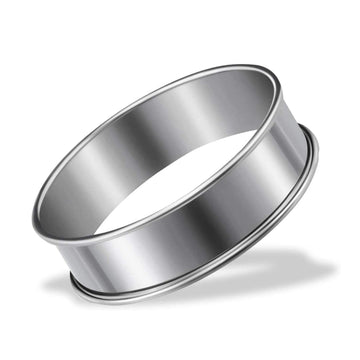 Silver stainless steel crumpet and tart rings for baking, round metal pastry molds, ideal for pretend play and kitchen activities.