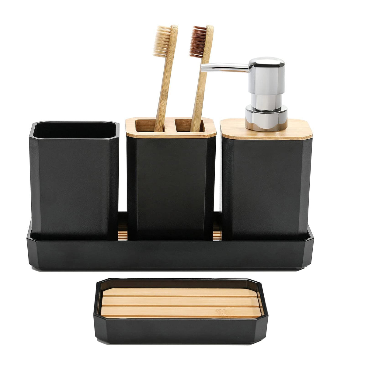 Everything Baby 5-piece bathroom accessories set with soap dispenser, soap dish, toothbrush holder, and cup for kids' bathroom decor