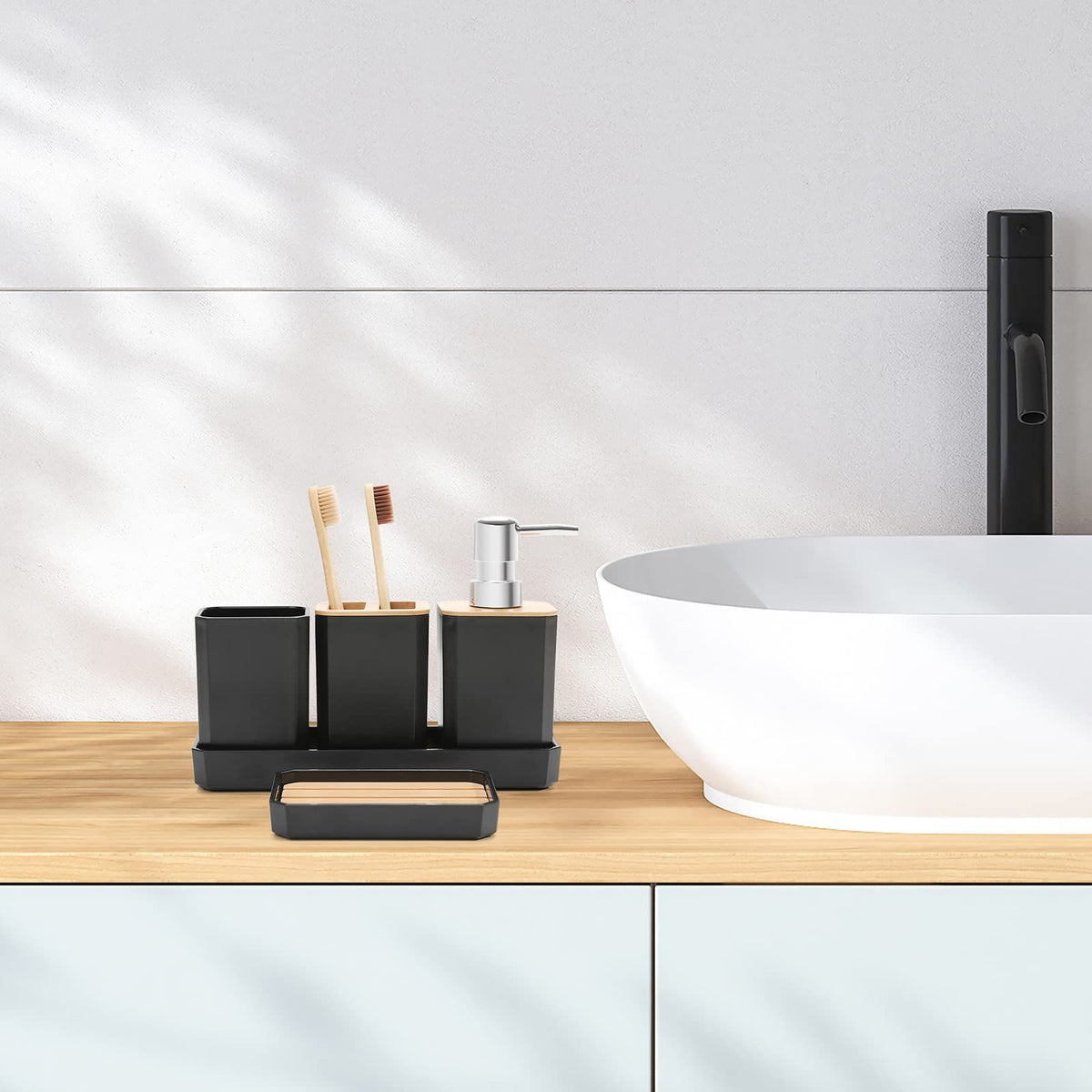 Everything Baby 5-piece bathroom accessories set with soap dispenser, soap dish, toothbrush holder, and cup, designed for kids' bathroom.