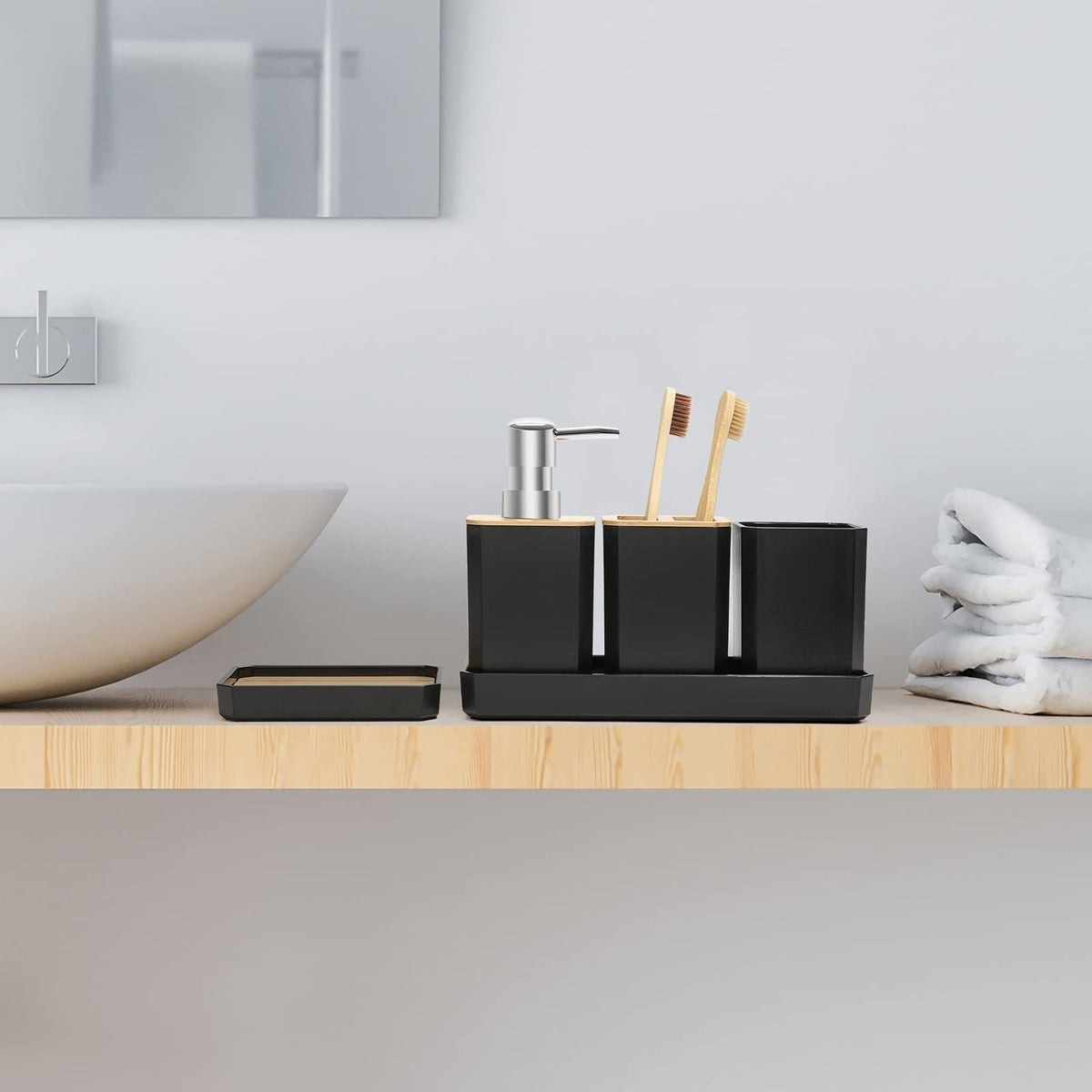 Everything Baby 5-piece bathroom accessories set includes soap dispenser, soap dish, toothbrush holder, and cup for kids' bathroom.
