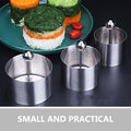 Stainless steel sushi making mold and pastry rings with pusher, used for food presentation and shaping sushi and cakes.