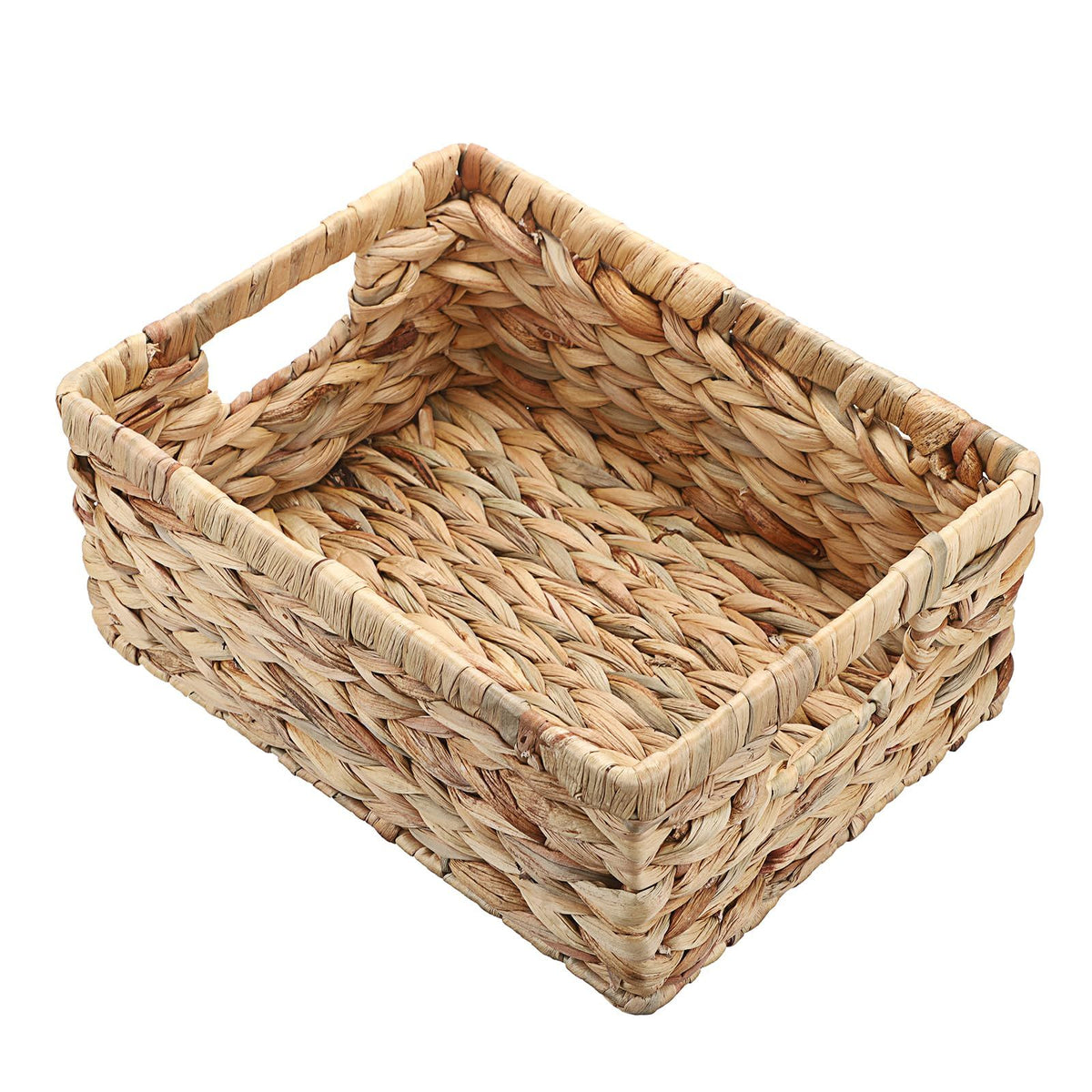Small handwoven Water Hyacinth storage basket with handles, decorative wicker bin for organizing toys or home items.