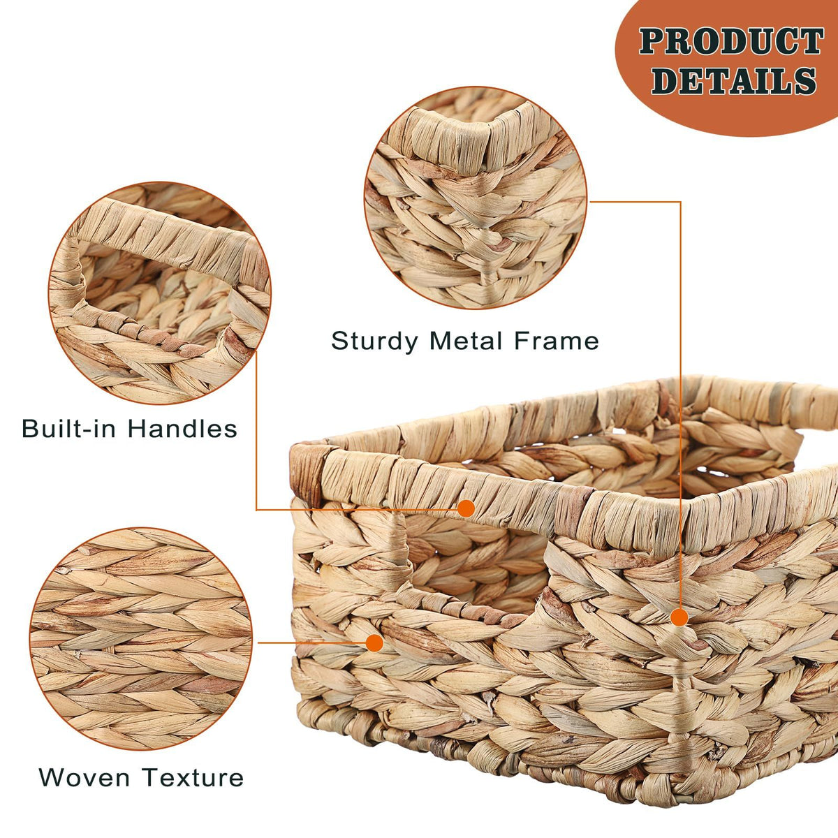 Small handwoven water hyacinth storage basket with handles, decorative wicker bin suitable for organizing toys or small items.
