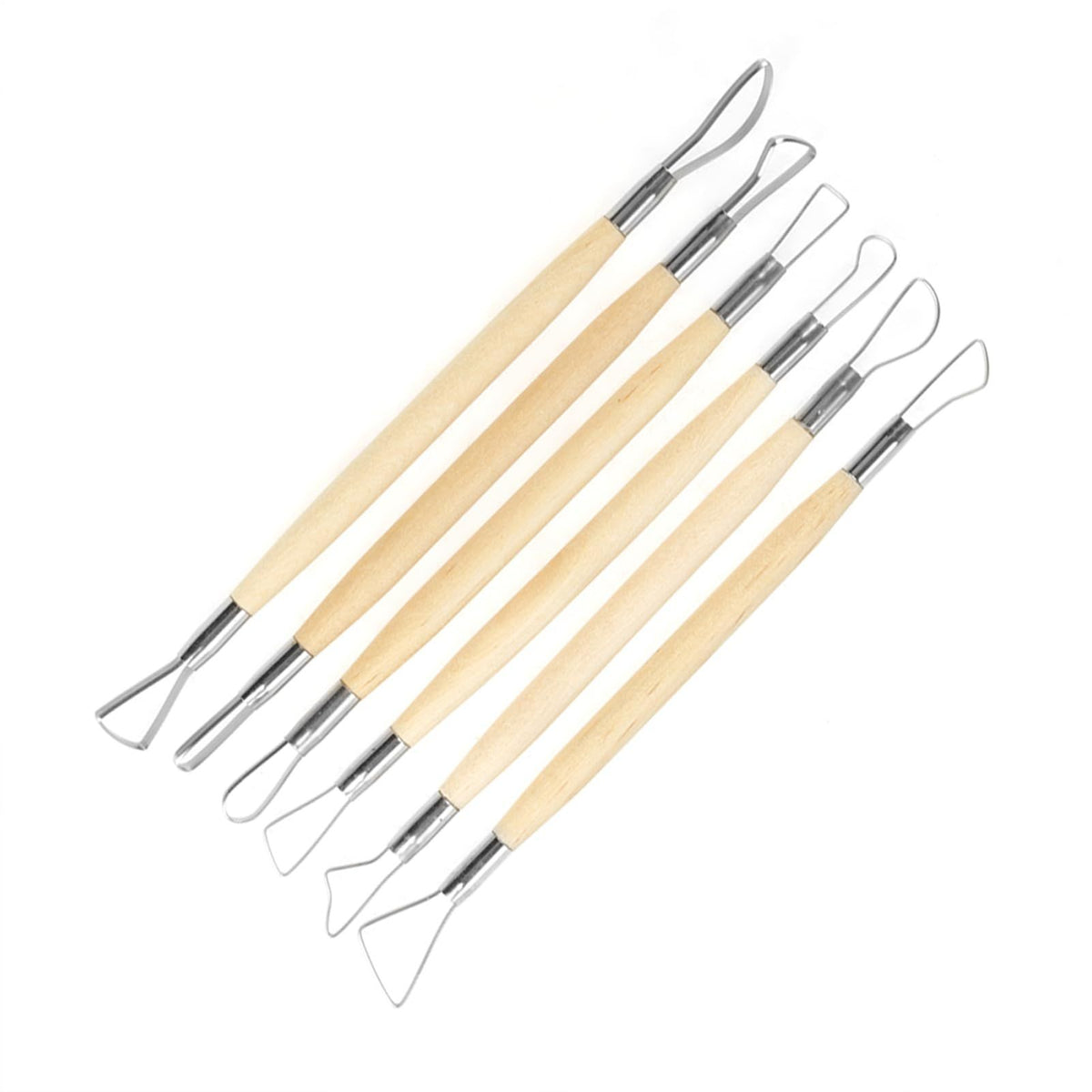 Set of 6 double-ended wax carving tools for clay sculpting, featuring small loops and rakes for pottery and modeling projects.