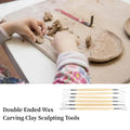 Set of 6 double-ended wax carving and clay sculpting tools with small loops and rakes for pottery and modeling projects.