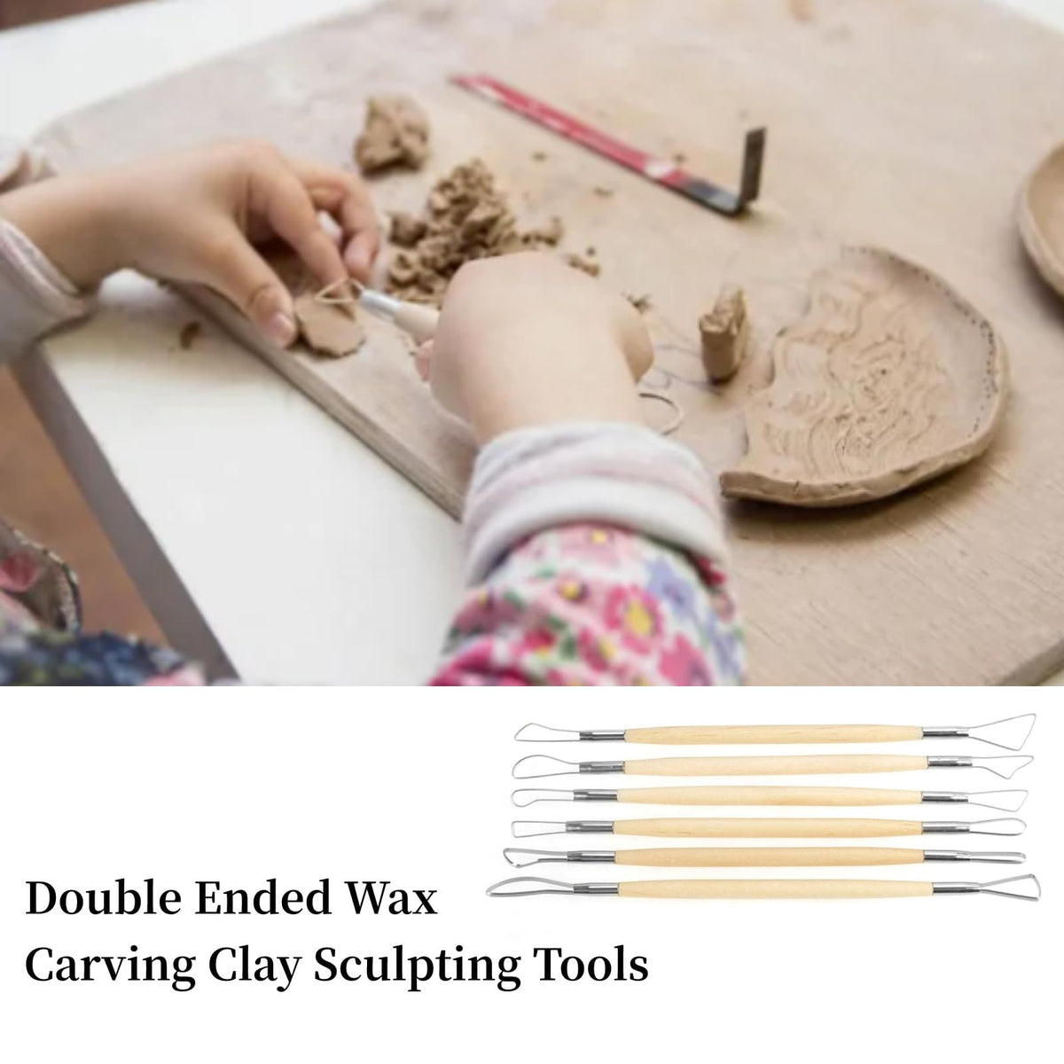 Set of 6 double-ended wax carving and clay sculpting tools with small loops and rakes for pottery and modeling projects.