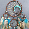 Small blue and brown feather dream catchers for kids' bedrooms, wall hangings with feathers for pretend play and decorative use.