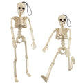 Two 16-inch Halloween skeletons with movable joints, realistic spooky design, perfect for haunted house decorations.