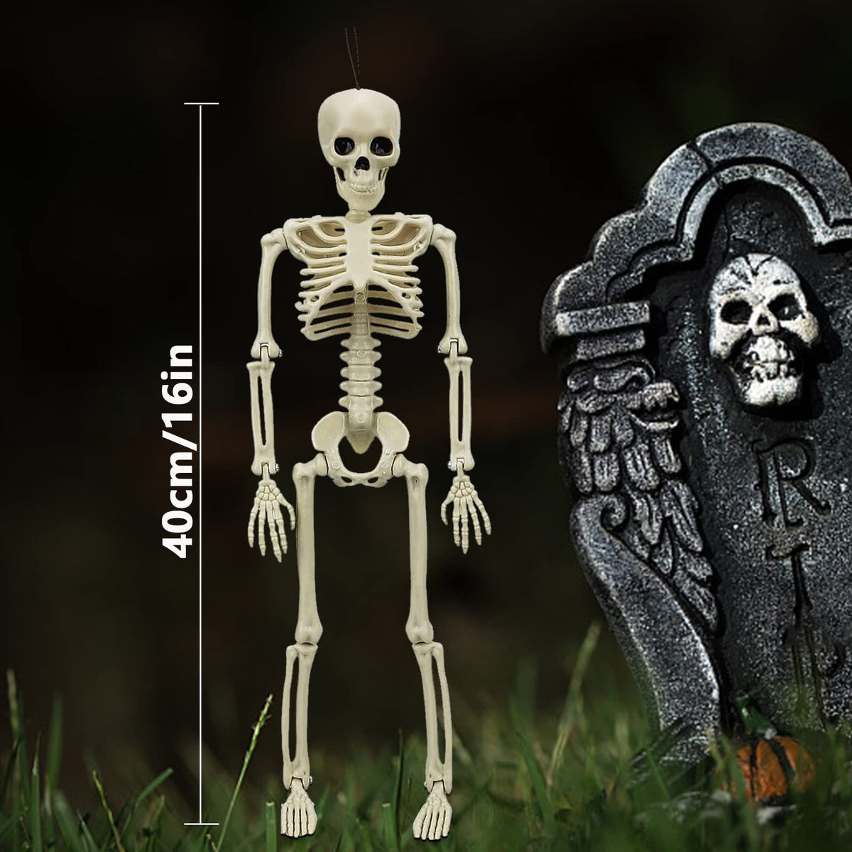 Set of two 16-inch Halloween skeletons with movable joints, realistic and spooky for haunted house decorations.