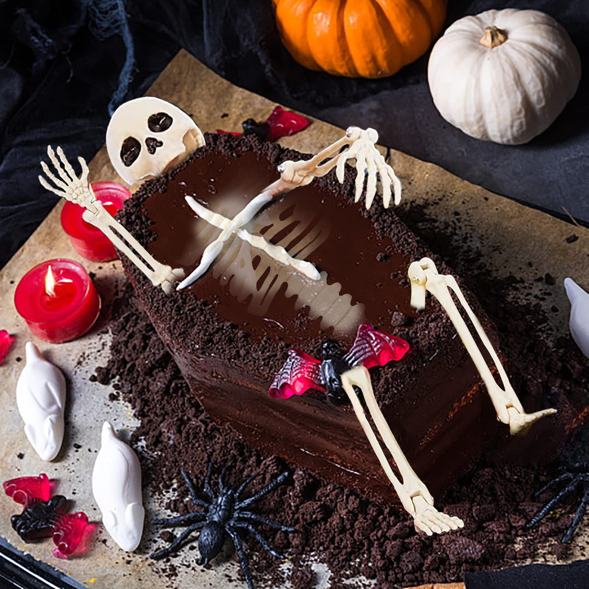 Two 16-inch realistic Halloween skeletons with movable joints, perfect for spooky haunted house decorations or kids' playsets.