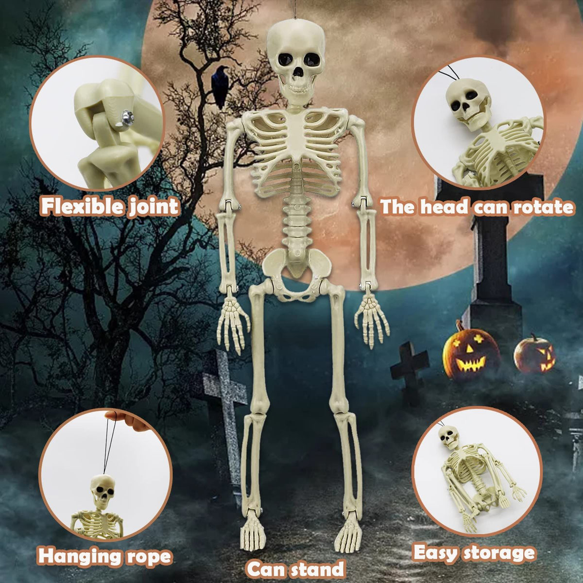 Two 16-inch realistic Halloween skeletons with movable joints, perfect for haunted house decorations and spooky displays.