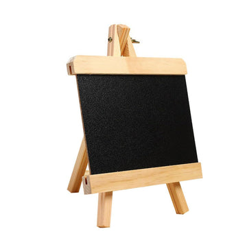 Mini wooden drawing board and chalkboard easel for kids, tabletop stand with blackboard surface for creative play and learning.
