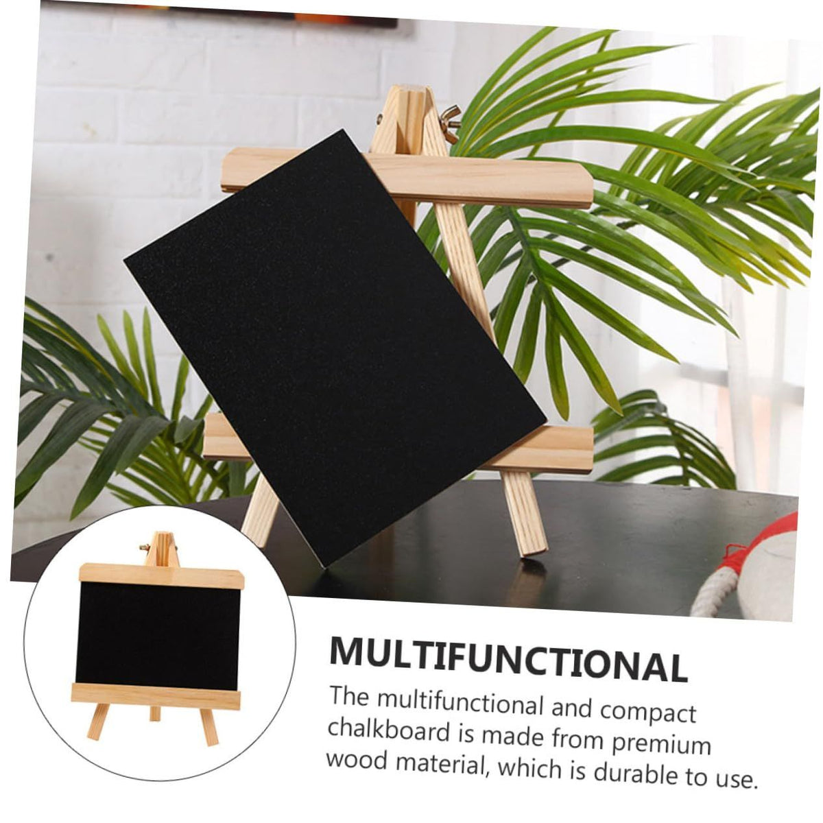 Mini wooden drawing board with chalkboard surface on stand, perfect for kids' drawing and writing activities.